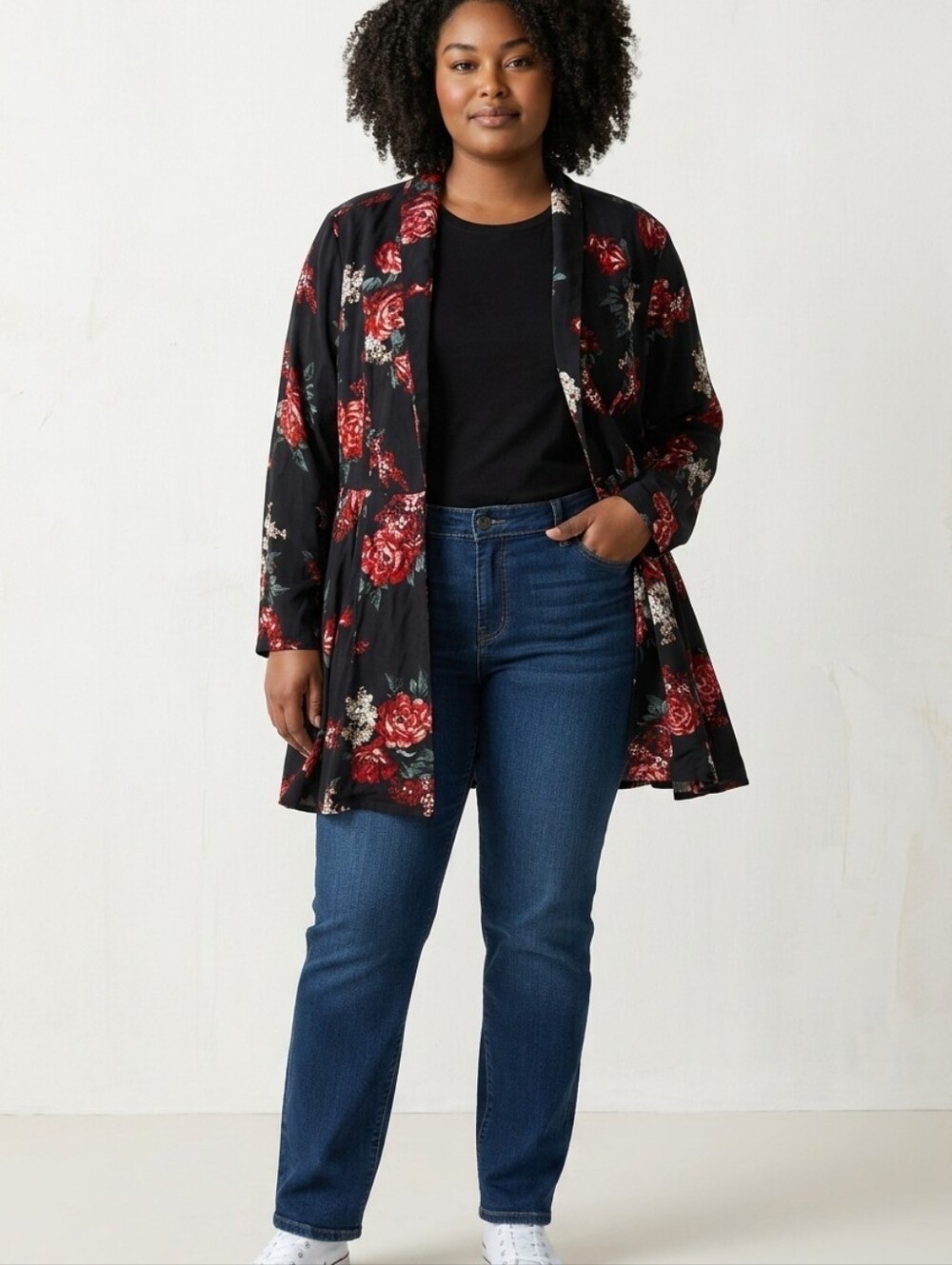 Torrid Black Kimono W/ Red & Cream Floral Print Single Button Circular Sz 1X EUC